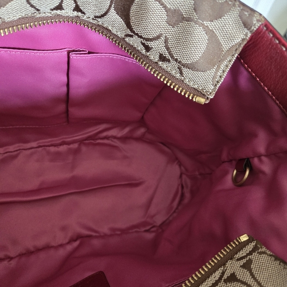 Coach Maroon Leather trim Monogram Shoulder Tote Bag - Picture 7 of 15